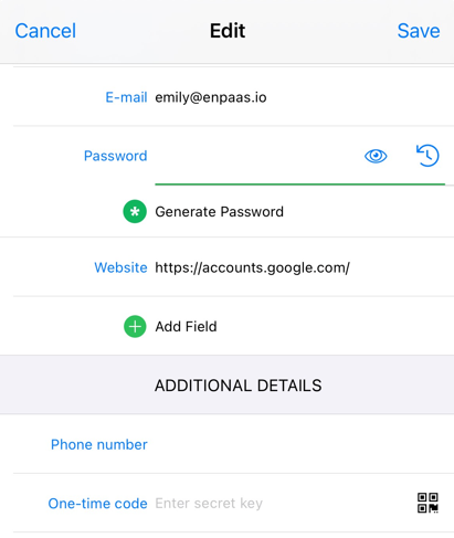 Scan QR code from iOS device to generate one-time code in Enpass